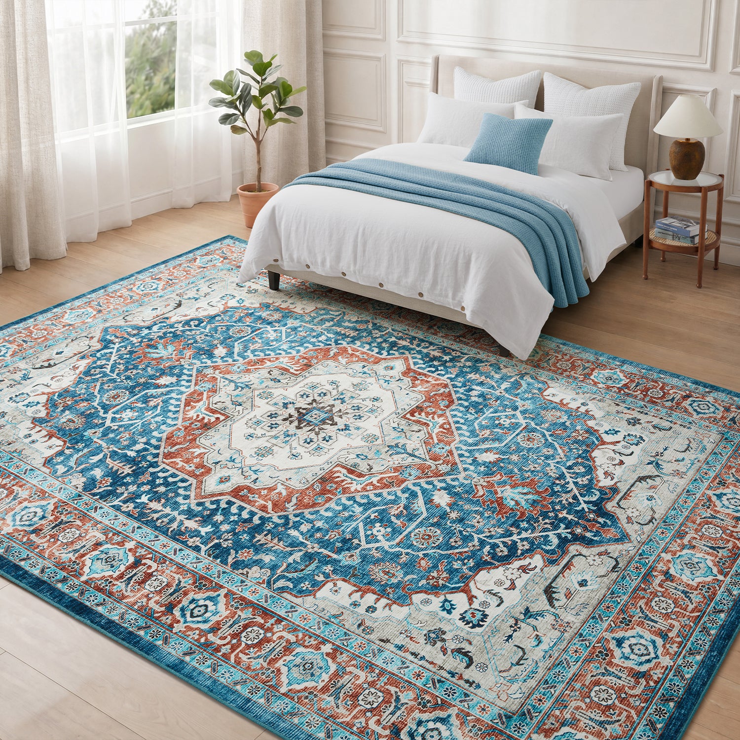 Turquoise & Terracotta Heriz Medallion Washable Carpet Rug - Classic Persian Style