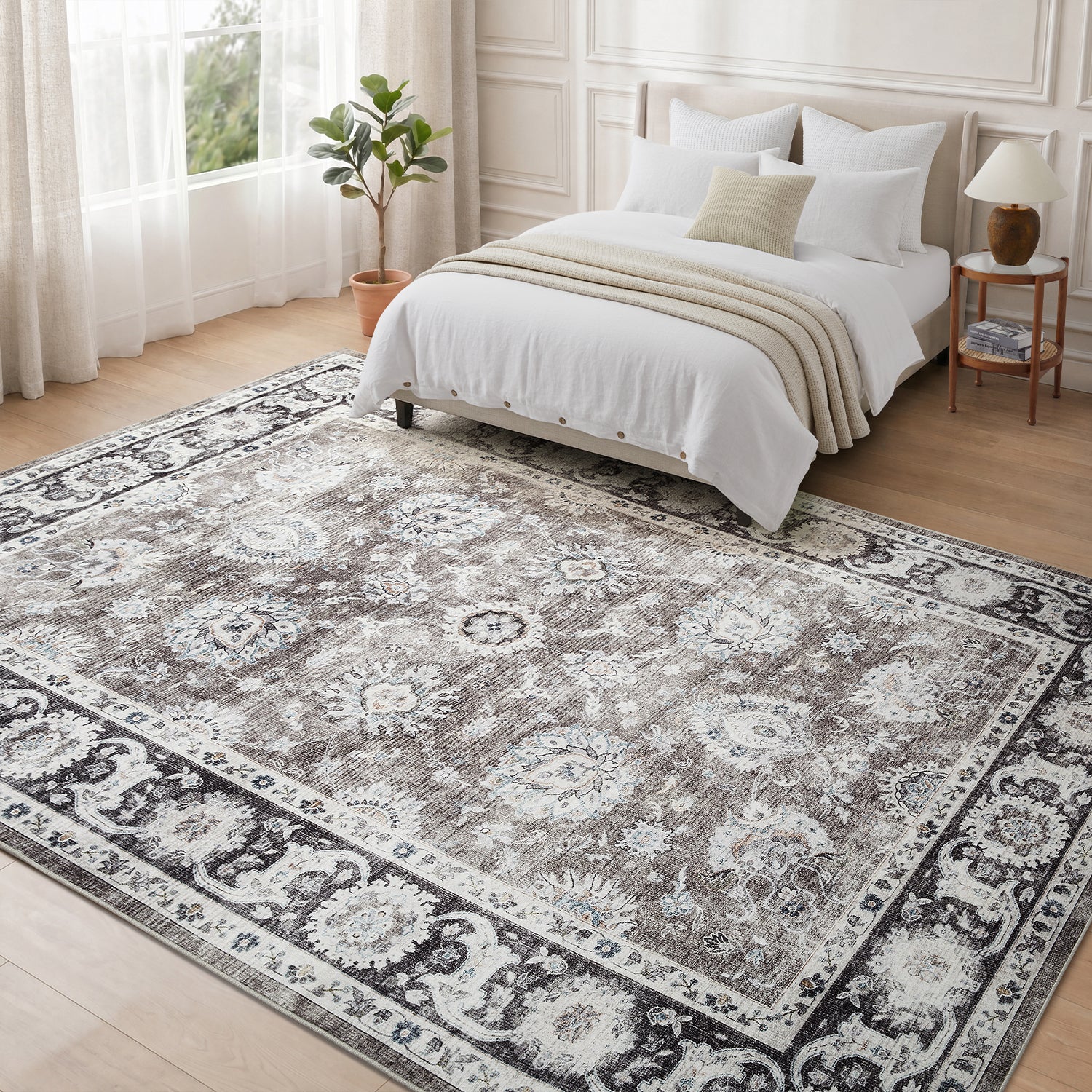 Charcoal & Brown Distressed Persian Floral Washable Rug - Traditional Border Carpet