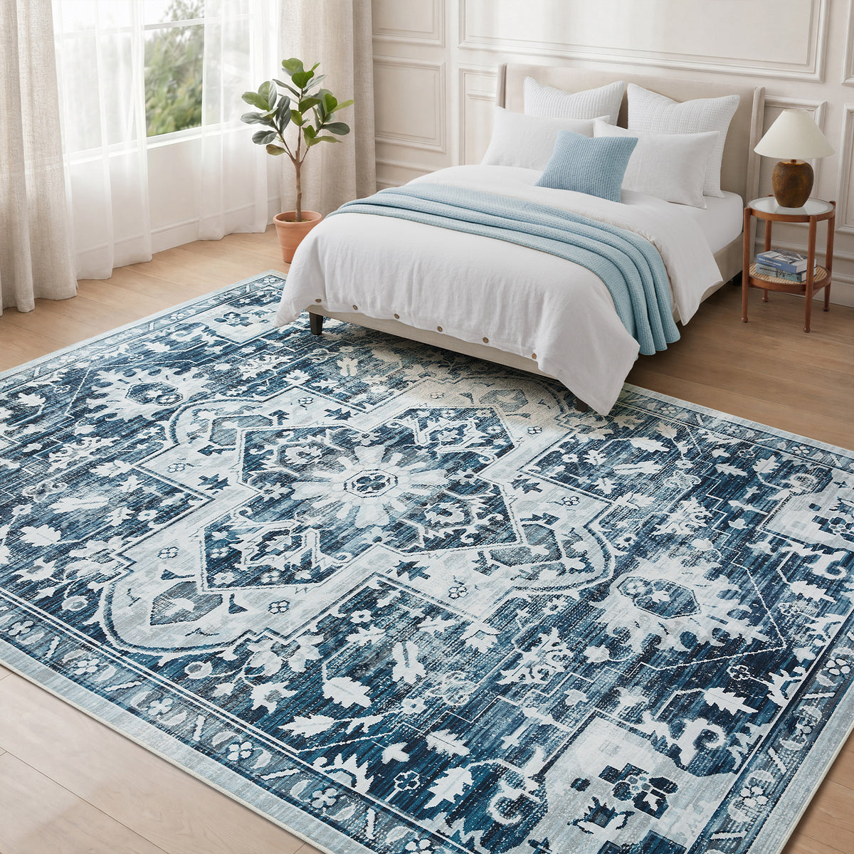 Blue Distressed Heriz Medallion Washable Rug - Persian Geometric Area Carpet