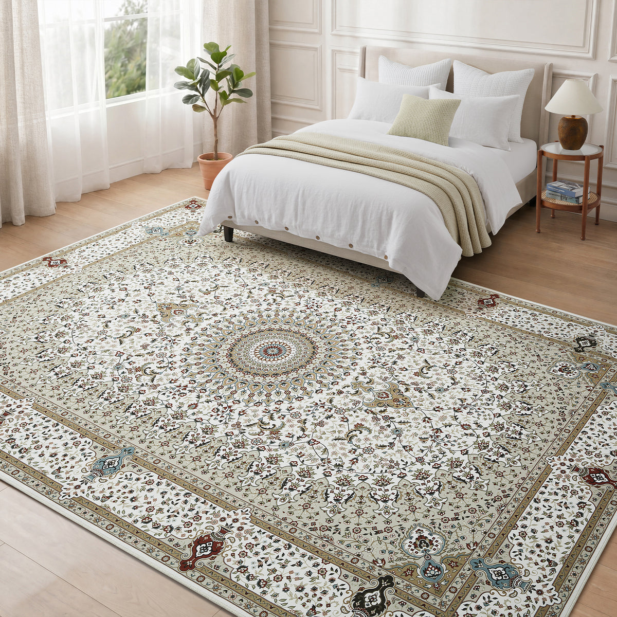 Beige & Cream Persian Medallion Washable Rug - Classic Oriental Carpet