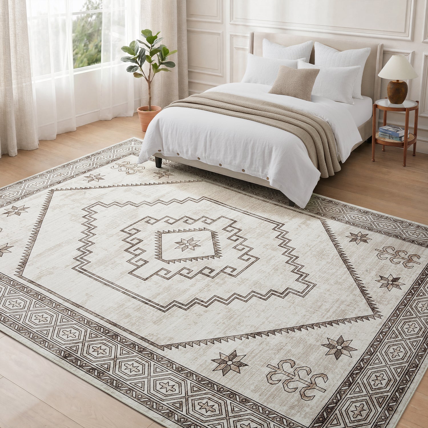 Neutral Cream & Brown Tribal Kilim Washable Runner Rug - Scandinavian Boho Carpet