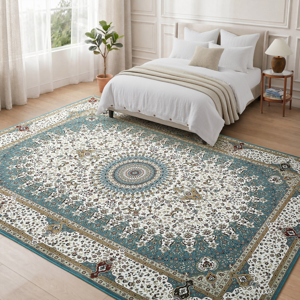 Teal & Cream Persian Medallion Washable Rug - Traditional Floral Area Carpet