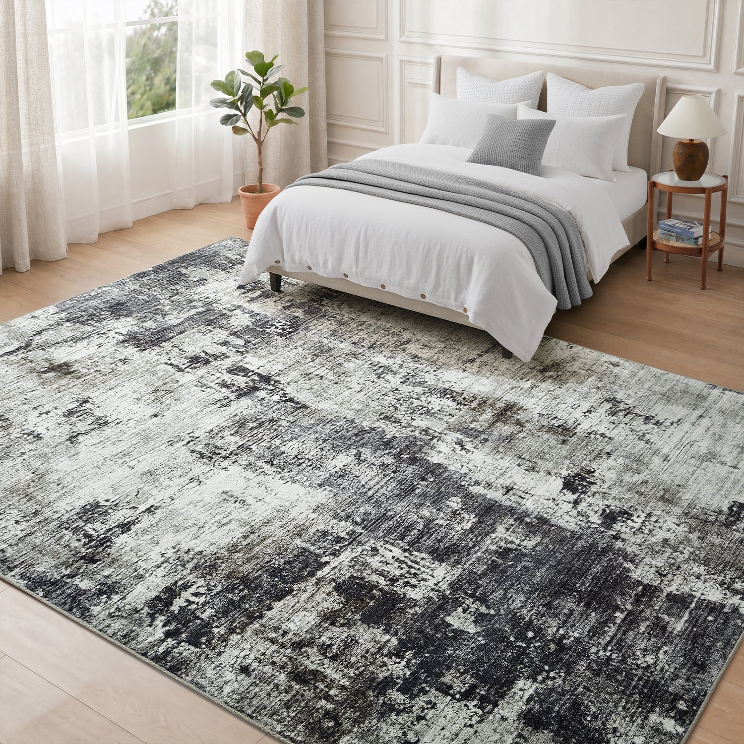 Grey Abstract Distressed Washable Rug - Modern Concrete-Effect Area Carpet