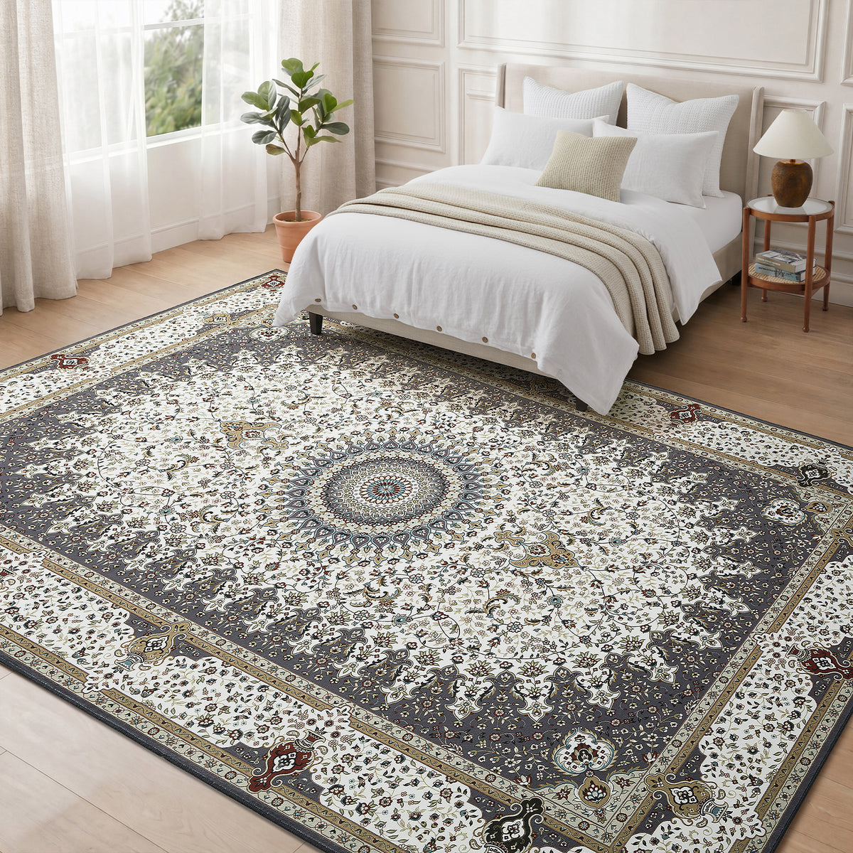 Grey & Cream Persian Rosette Medallion Washable Rug - Traditional Isfahan Carpet
