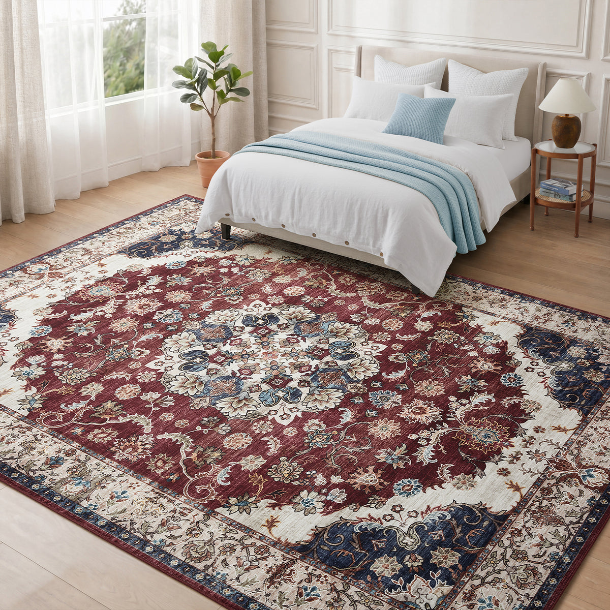 Burgundy & Beige Persian Floral Medallion Washable Rug - Classic Kashan/Tabriz Carpet