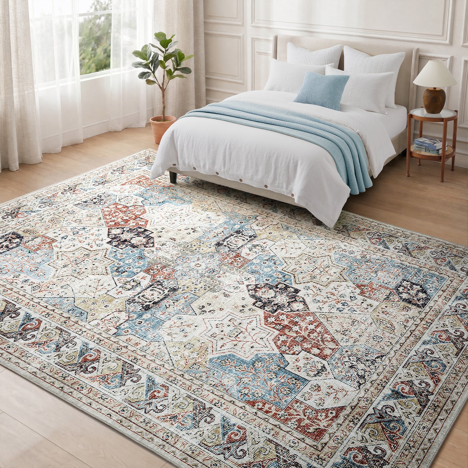 Beige & Blue Multi Mamluk Star Lattice Washable Vintage Area Rug