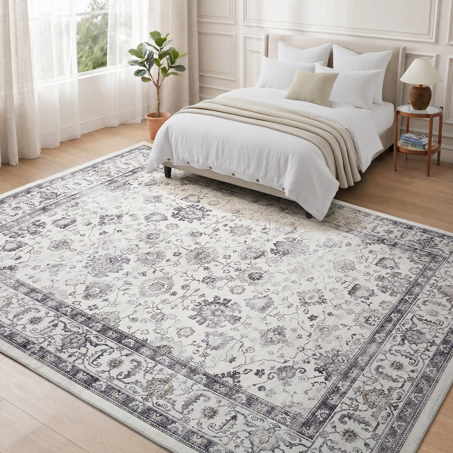 Grey & Ivory Distressed Persian Floral Washable Rug - Traditional All-Over Border Carpet