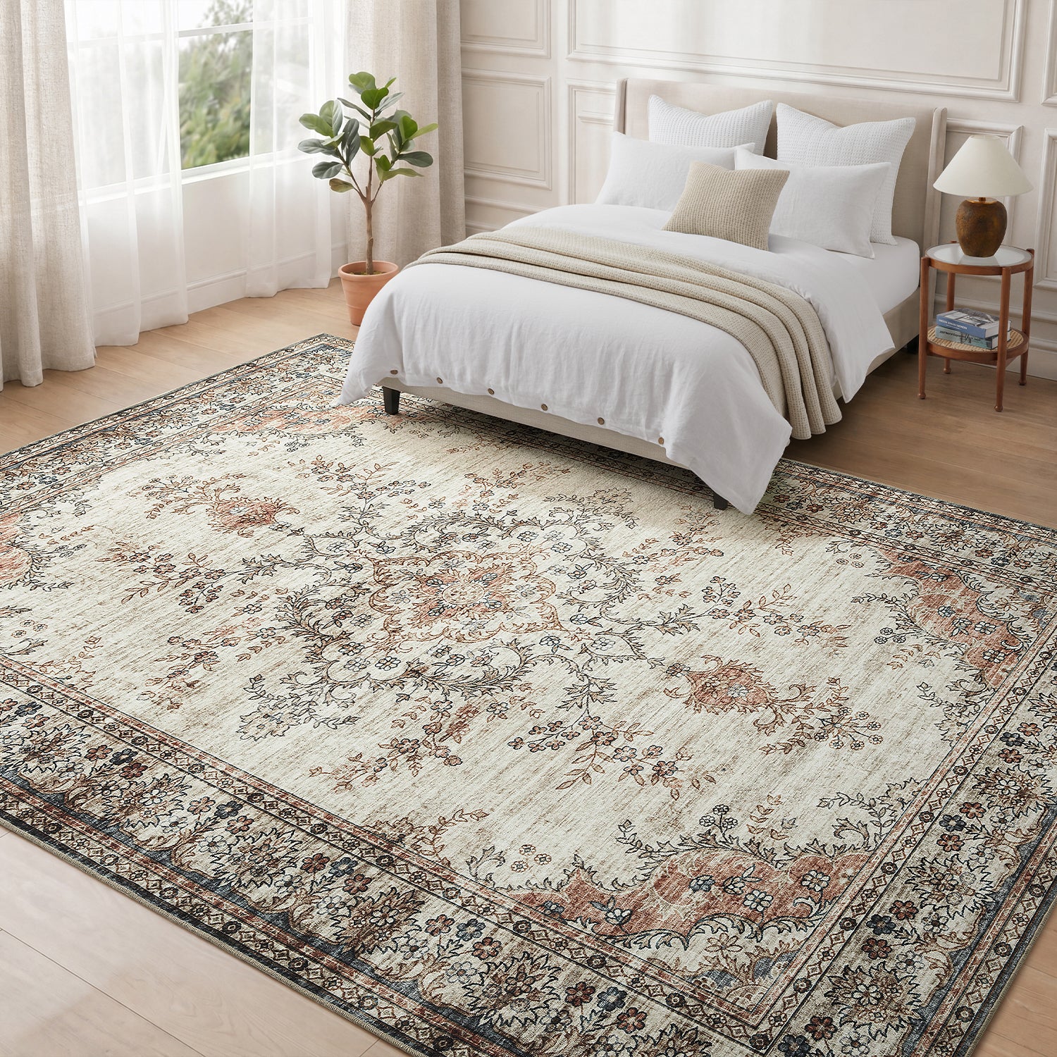 Beige & Terracotta Persian Floral Medallion Washable Rug - Vintage Distressed Carpet