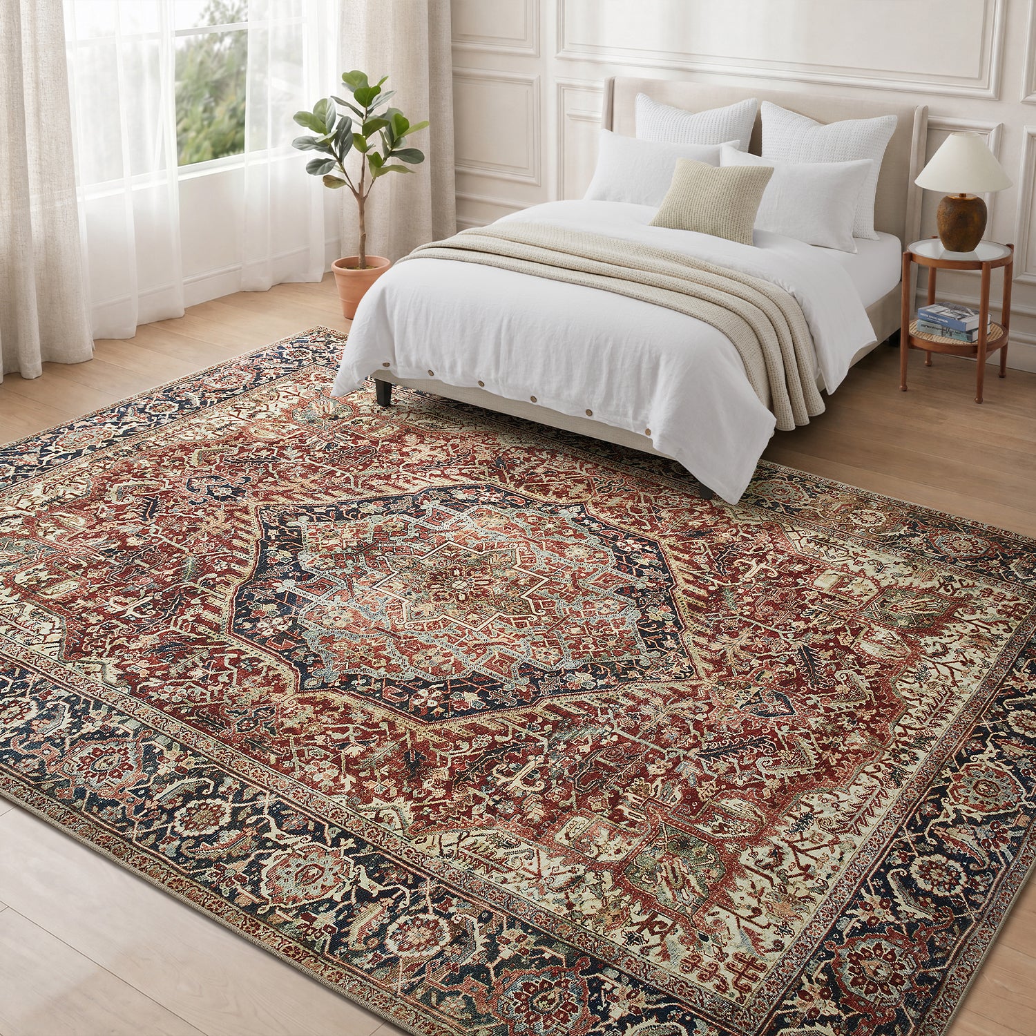 Rust & Navy Heriz Medallion Washable Rug - Traditional Persian Geometric Carpet