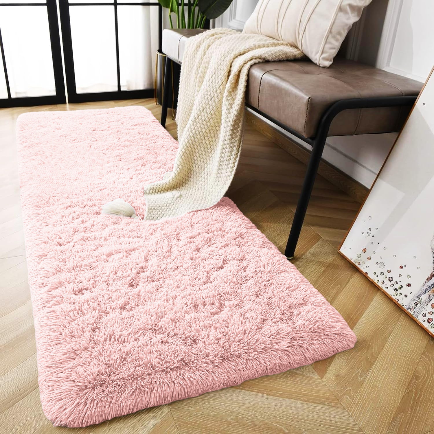 Pink Fluffy Shaggy Rug for Bedroom - Soft Plush Carpet