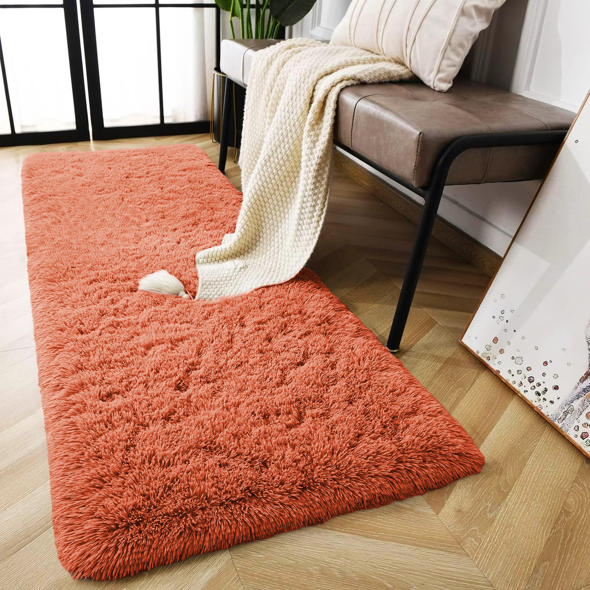 Burnt Orange Rug - Fluffy Shaggy Carpet