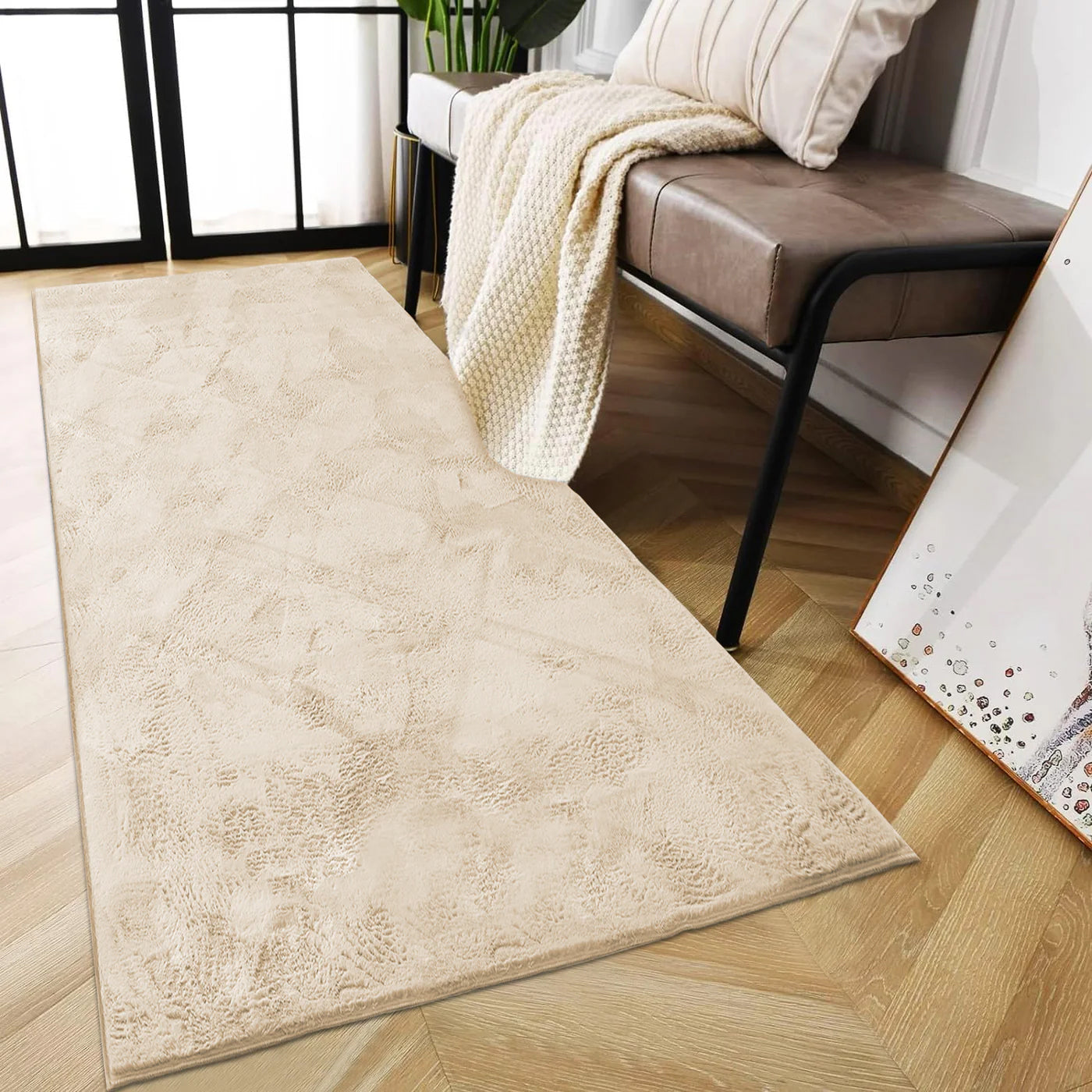 Beige Rabbit Faux Fur Rug Fluffy Plush Bedroom Runner