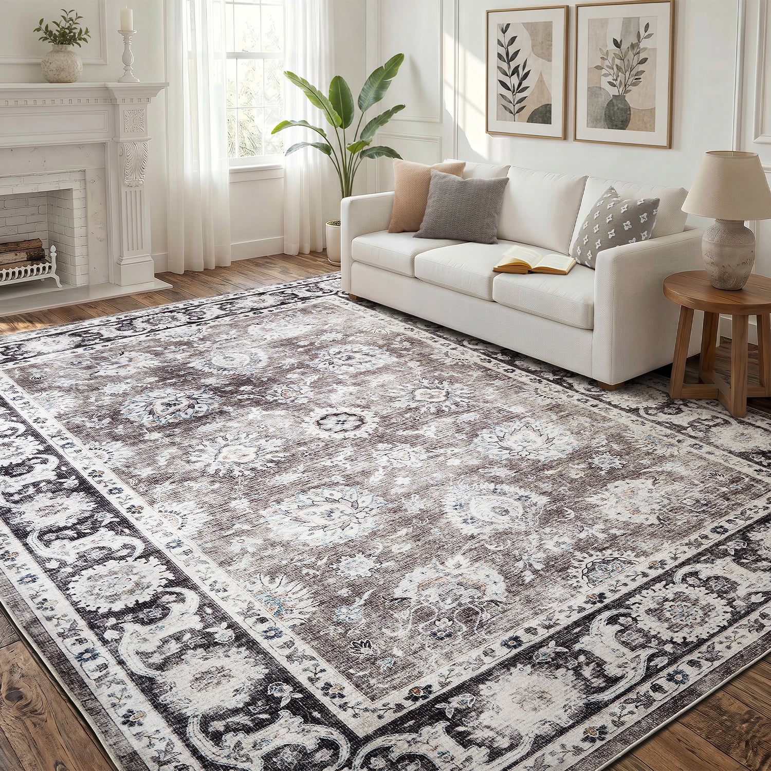 Charcoal & Brown Distressed Persian Floral Washable Rug - Traditional Border Carpet