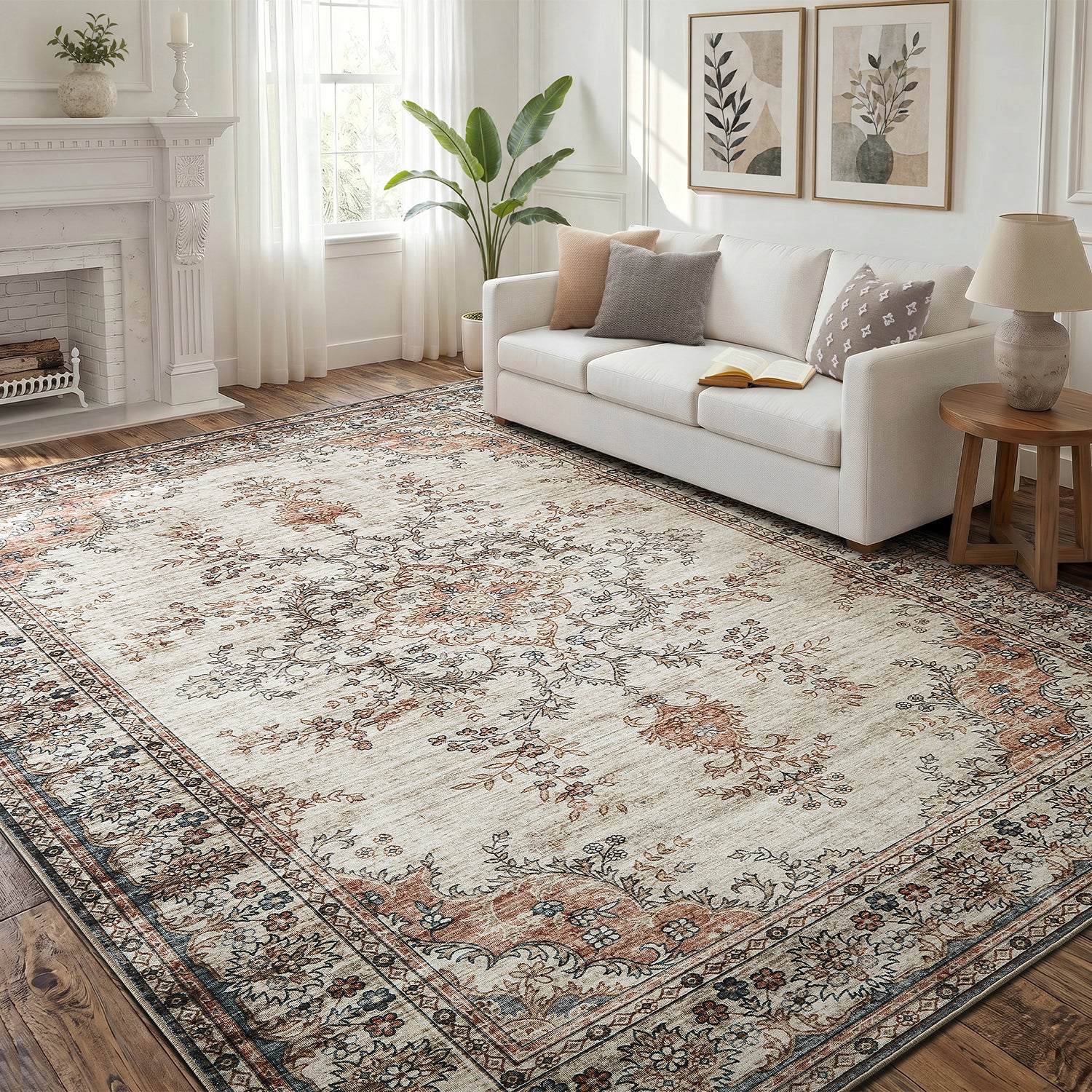 Beige & Terracotta Persian Floral Medallion Washable Rug - Vintage Distressed Carpet