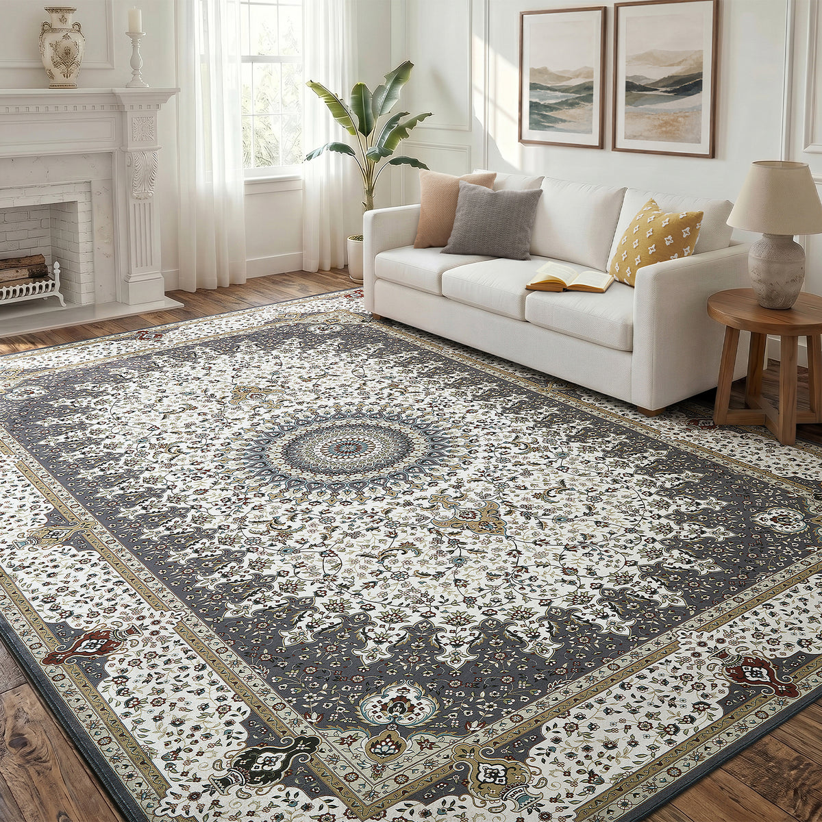Grey & Cream Persian Rosette Medallion Washable Rug - Traditional Isfahan Carpet