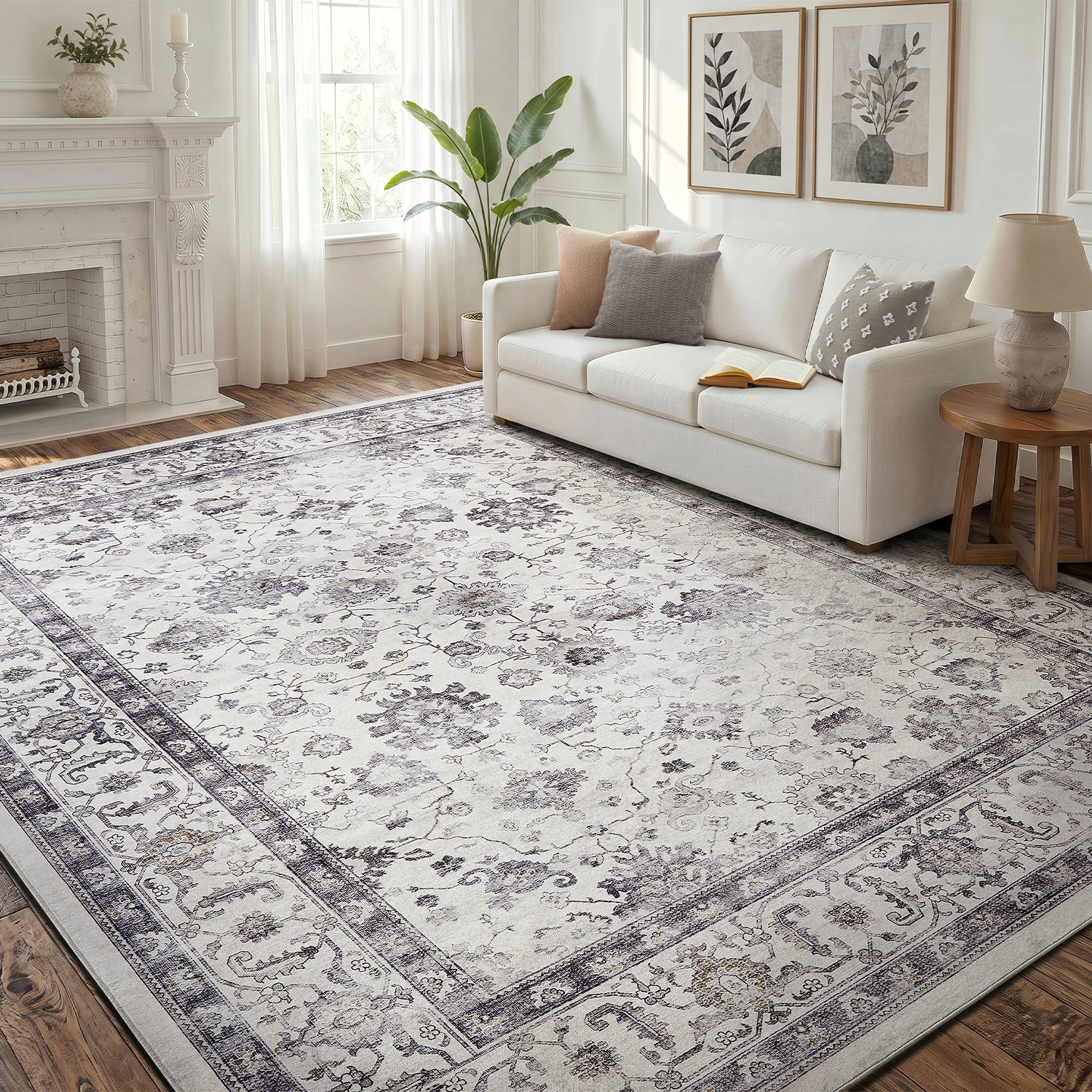Grey & Ivory Distressed Persian Floral Washable Rug - Traditional All-Over Border Carpet