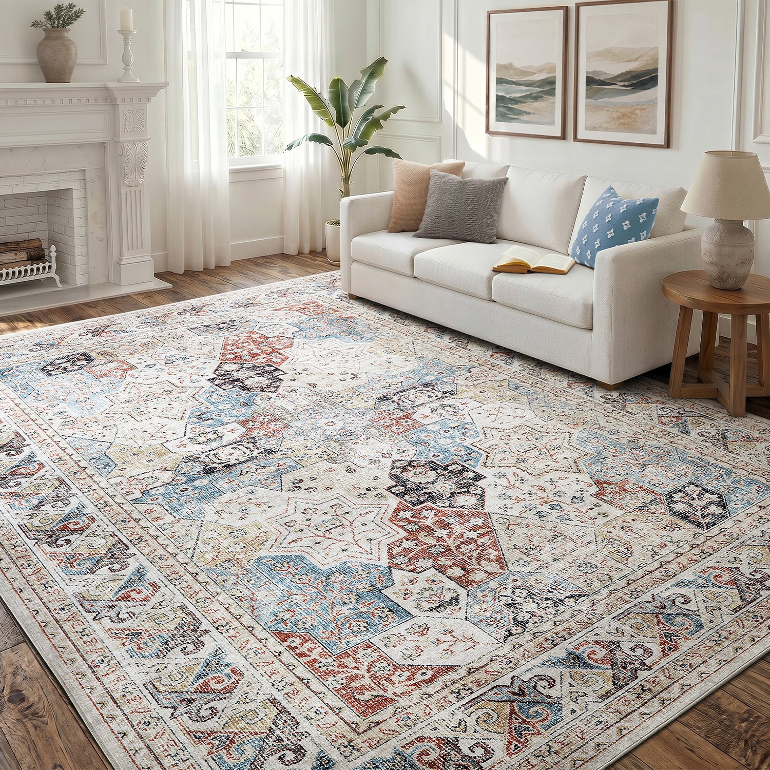 Beige & Blue Multi Mamluk Star Lattice Washable Vintage Area Rug
