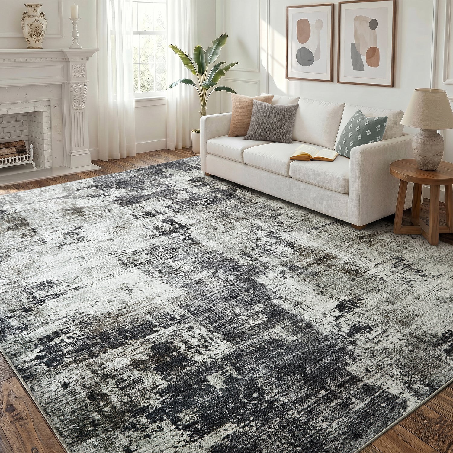 Grey Abstract Distressed Washable Rug - Modern Concrete-Effect Area Carpet