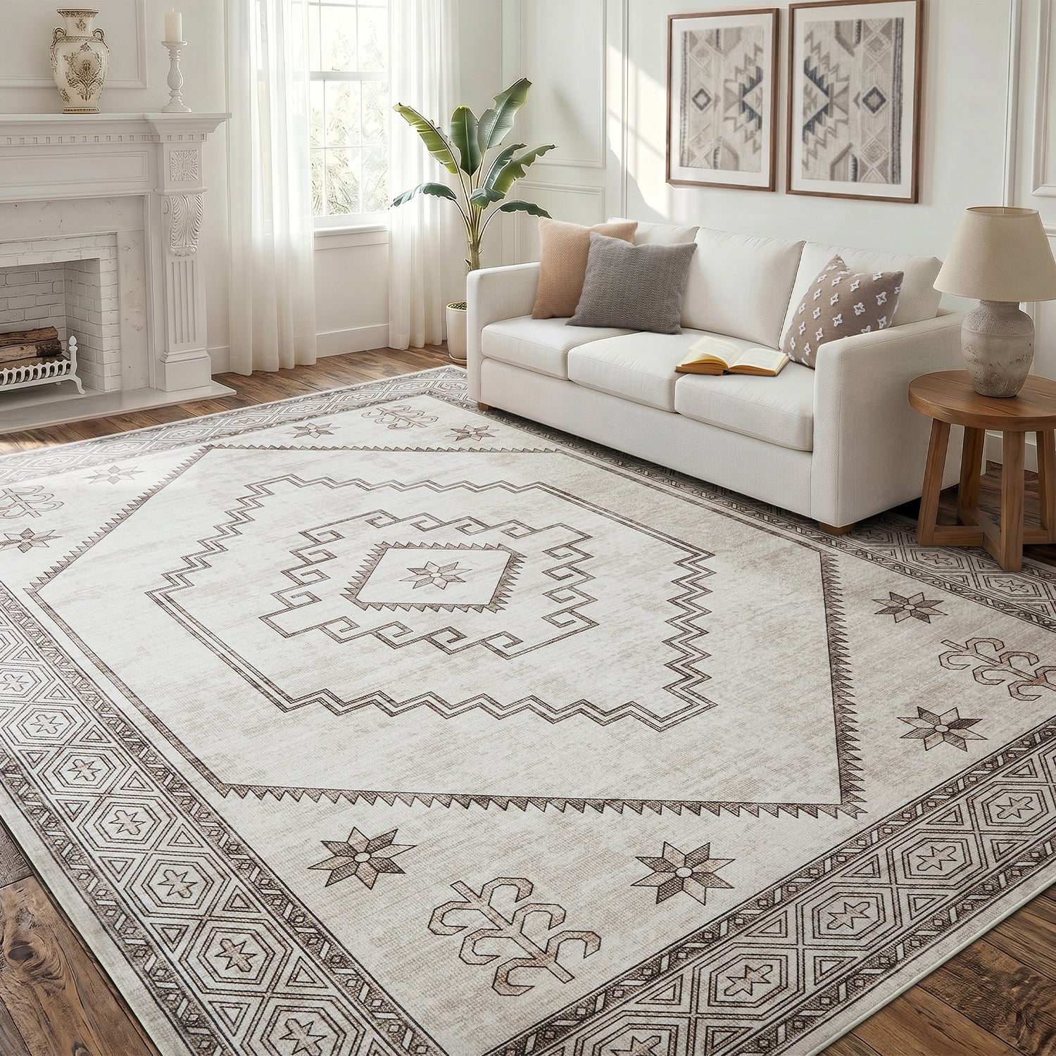 Neutral Cream & Brown Tribal Kilim Washable Runner Rug - Scandinavian Boho Carpet