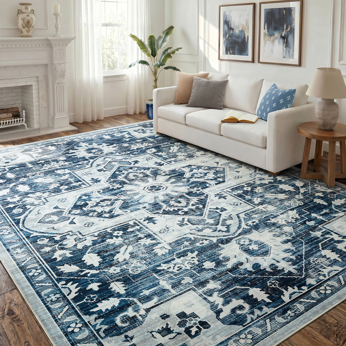 Blue Distressed Heriz Medallion Washable Rug - Persian Geometric Area Carpet