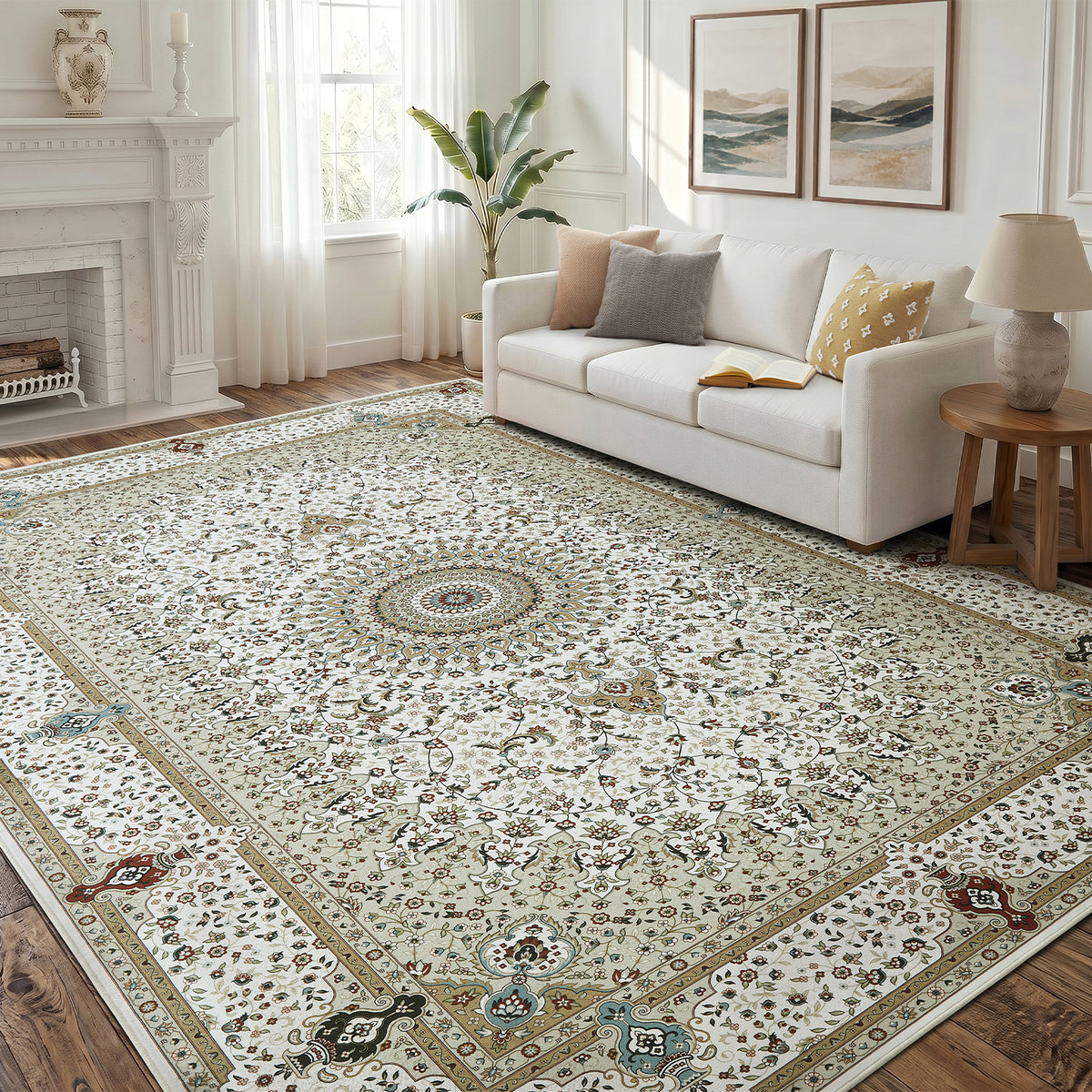 Beige & Cream Persian Medallion Washable Rug - Classic Oriental Carpet