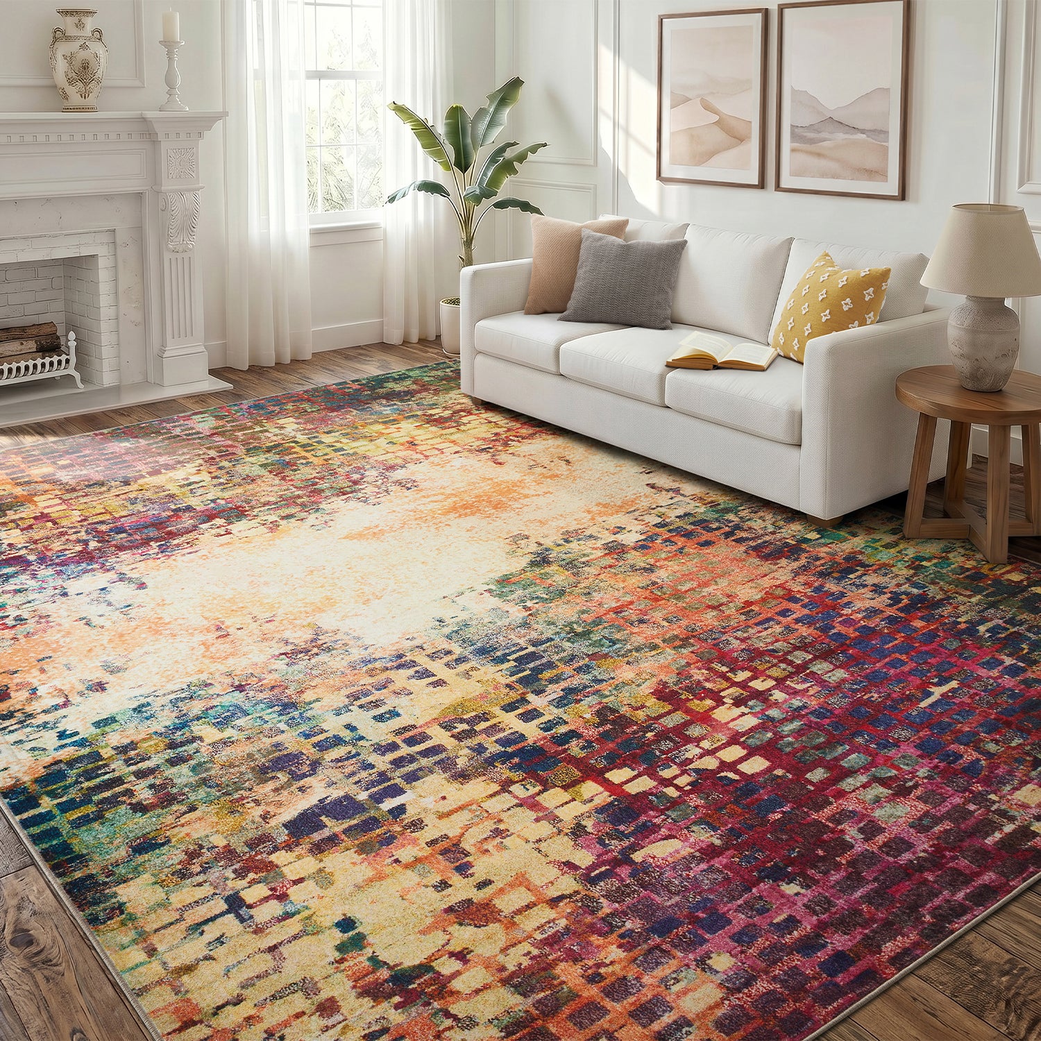 Multicolour Abstract Pixel Mosaic Washable Rug - Modern Fade Design Carpet