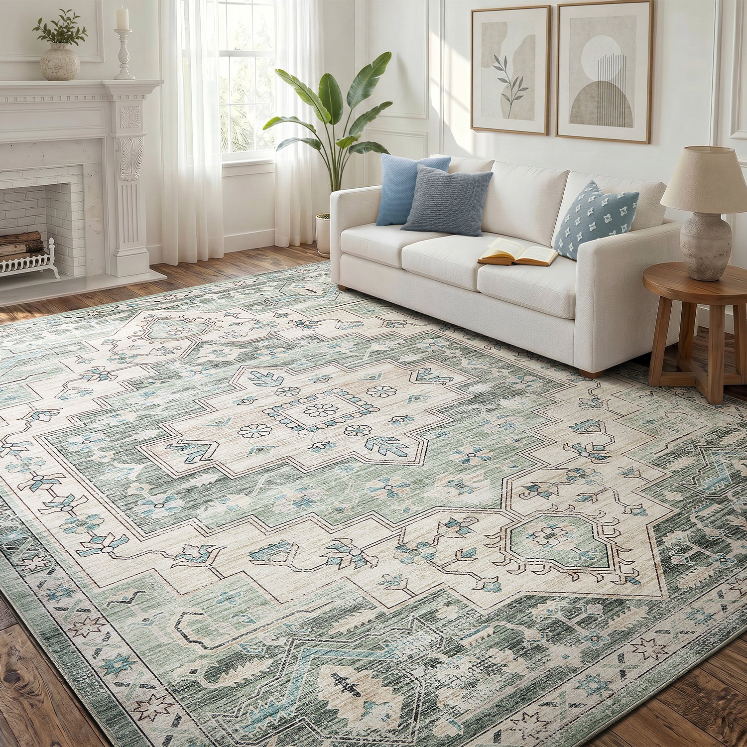 Sage Green Heriz Medallion Washable Rug - Vintage Distressed Persian Geometric Carpet