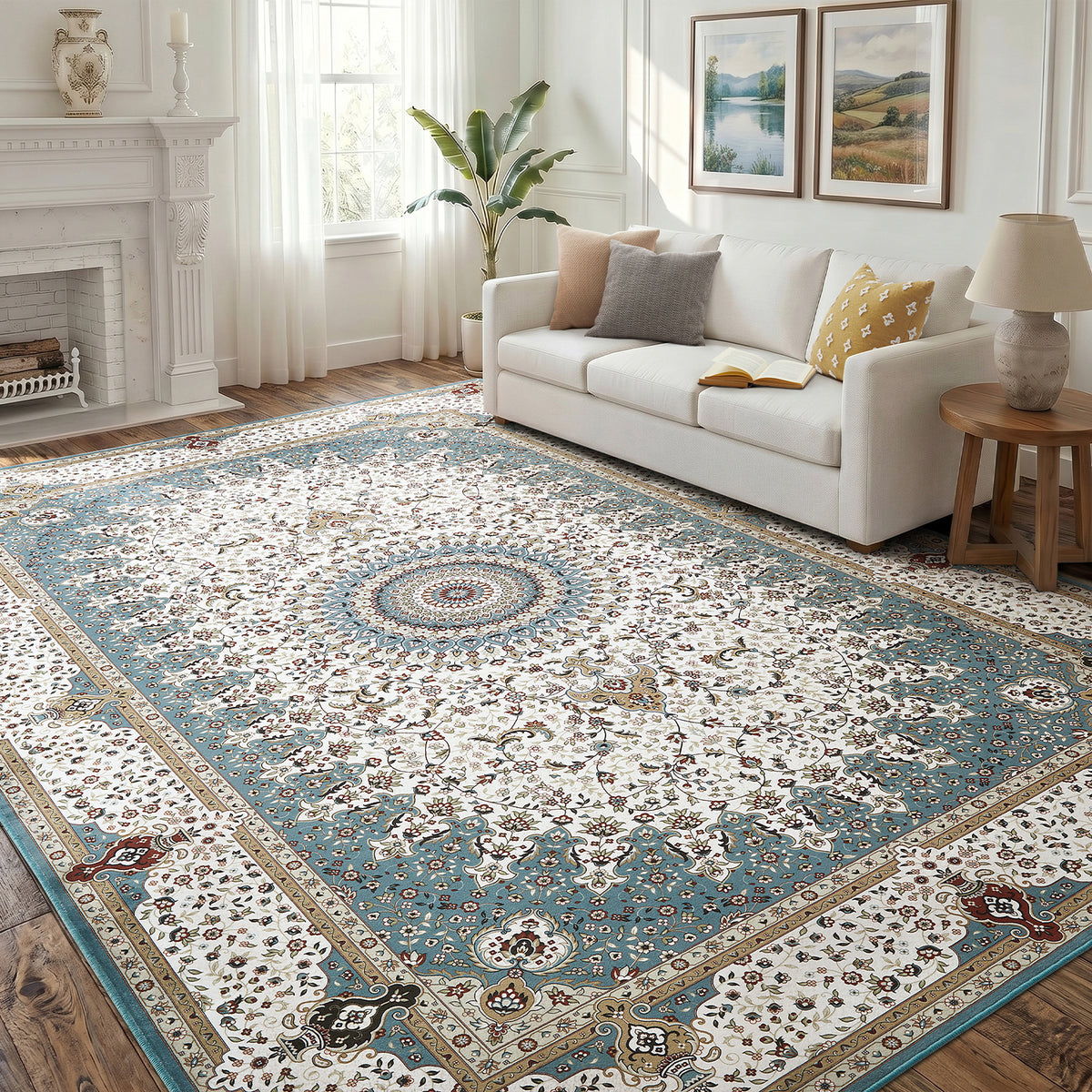 Teal & Cream Persian Medallion Washable Rug - Traditional Floral Area Carpet