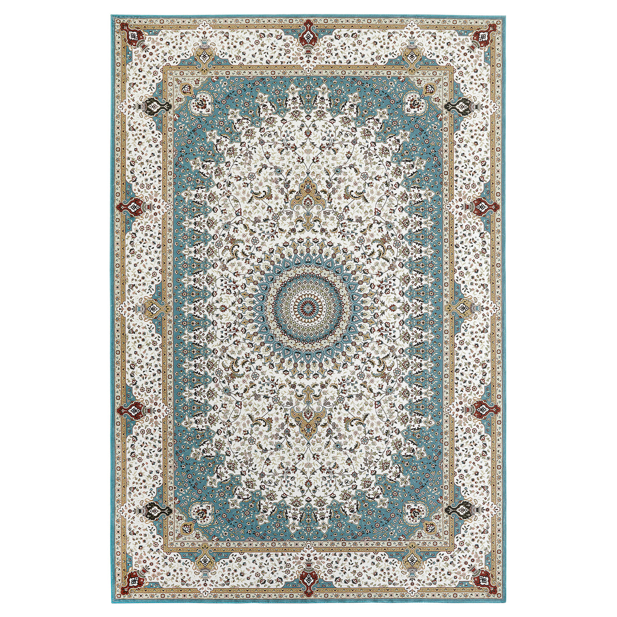 Teal & Cream Persian Medallion Washable Rug - Traditional Floral Area Carpet