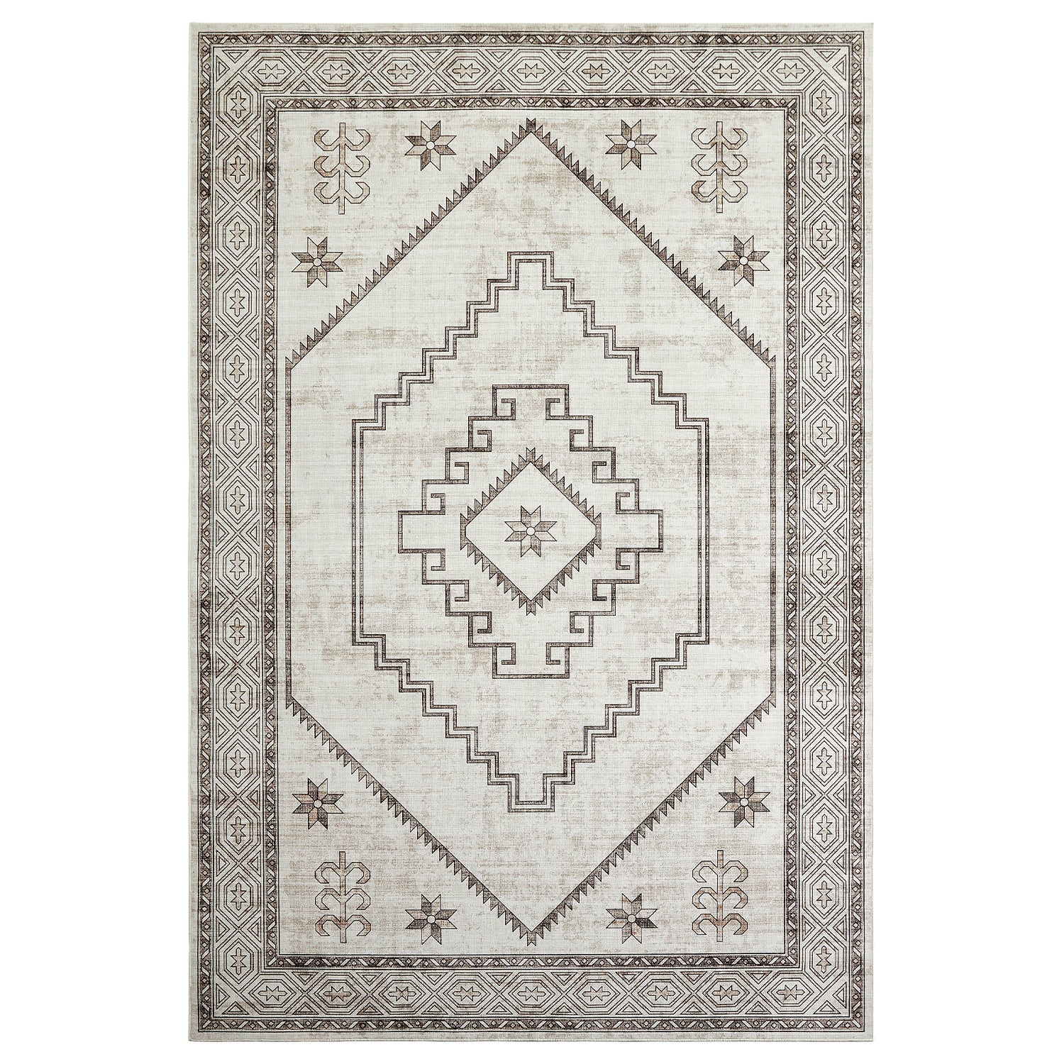 Neutral Cream & Brown Tribal Kilim Washable Runner Rug - Scandinavian Boho Carpet