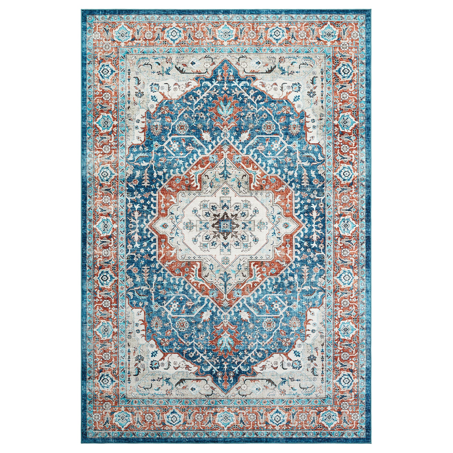 Turquoise & Terracotta Heriz Medallion Washable Carpet Rug - Classic Persian Style