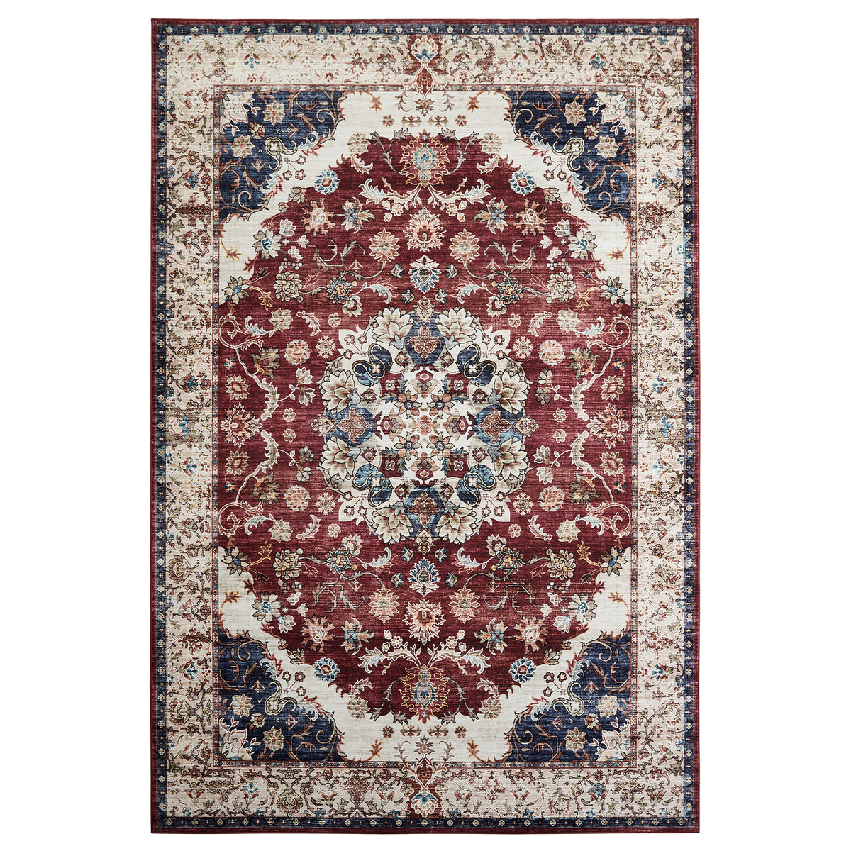 Burgundy & Beige Persian Floral Medallion Washable Rug - Classic Kashan/Tabriz Carpet