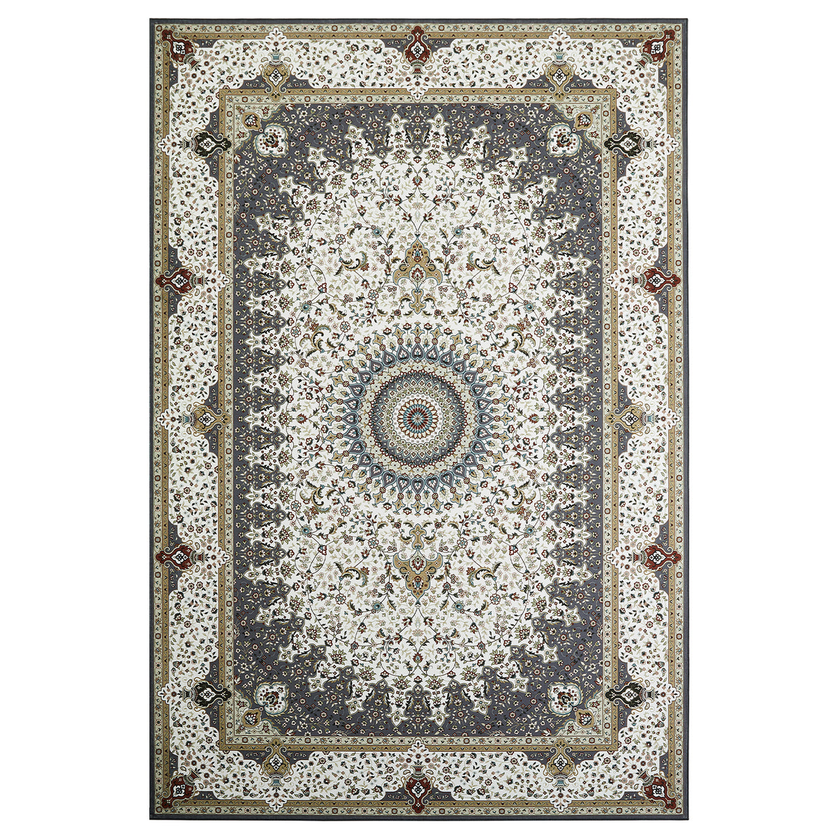 Grey & Cream Persian Rosette Medallion Washable Rug - Traditional Isfahan Carpet