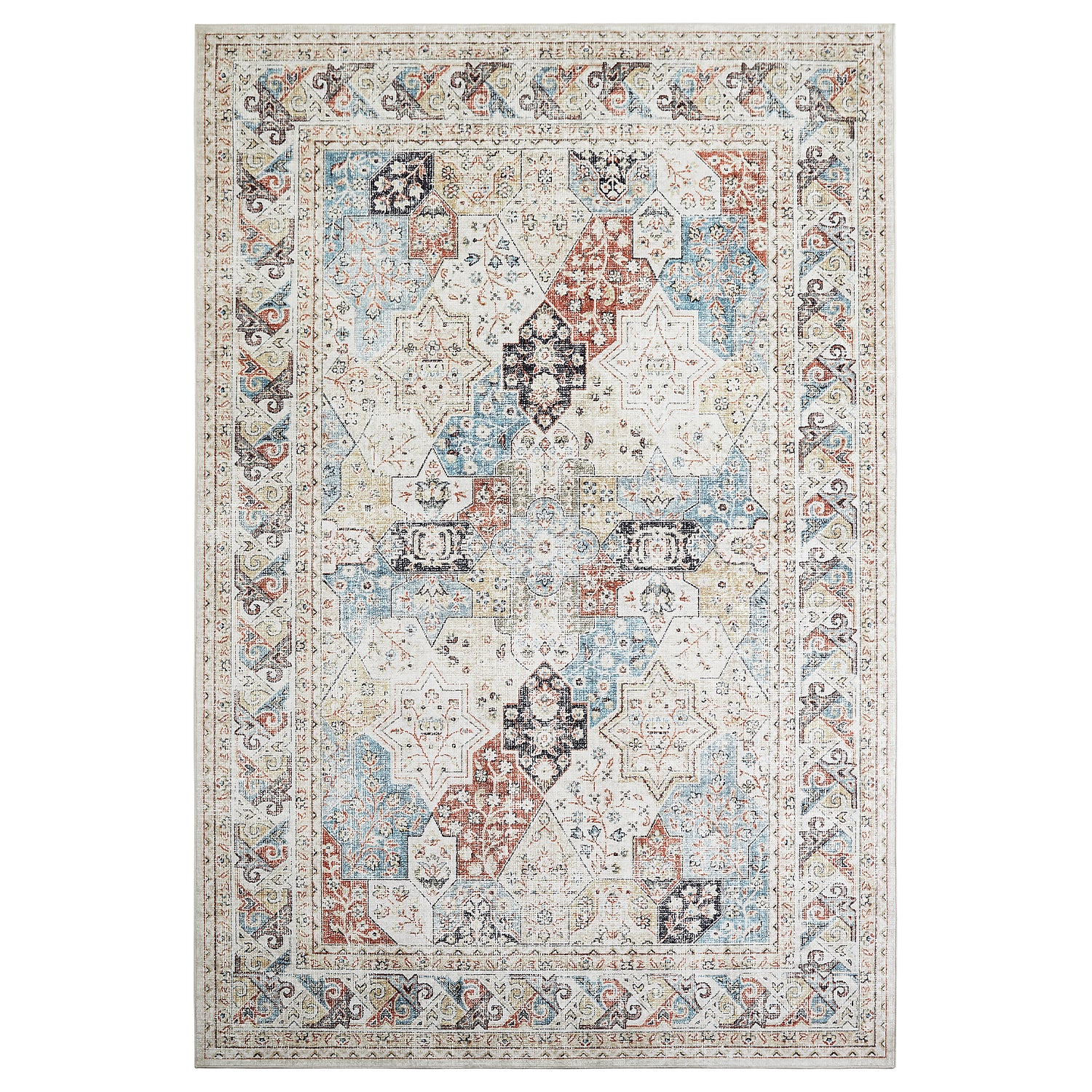 Beige & Blue Multi Mamluk Star Lattice Washable Vintage Area Rug