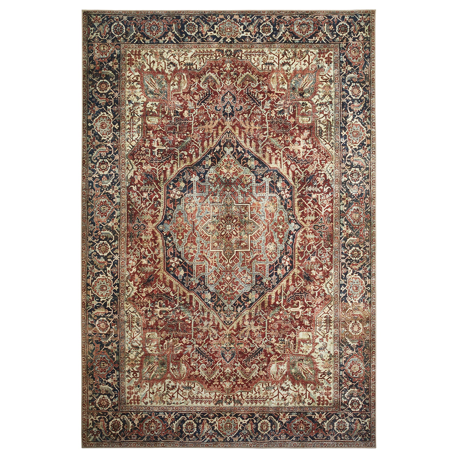 Rust & Navy Heriz Medallion Washable Rug - Traditional Persian Geometric Carpet