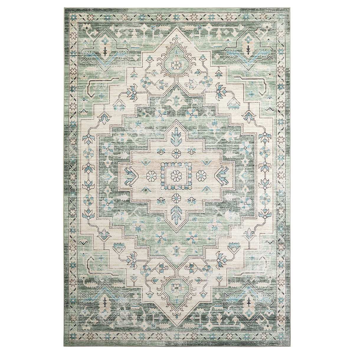 Sage Green Heriz Medallion Washable Rug - Vintage Distressed Persian Geometric Carpet