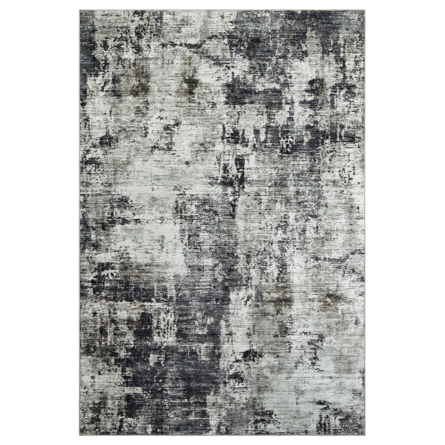 Grey Abstract Distressed Washable Rug - Modern Concrete-Effect Area Carpet