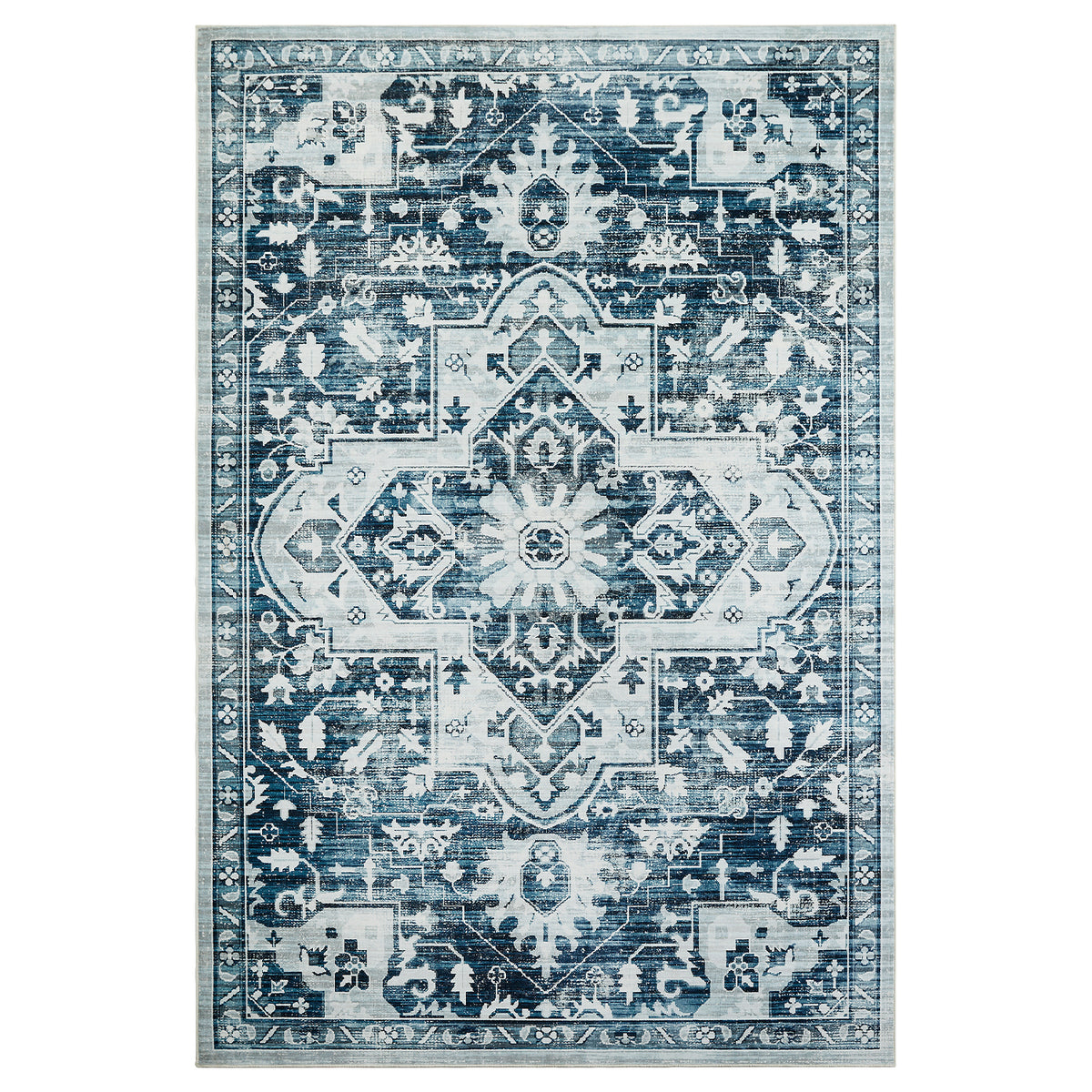 Blue Distressed Heriz Medallion Washable Rug - Persian Geometric Area Carpet