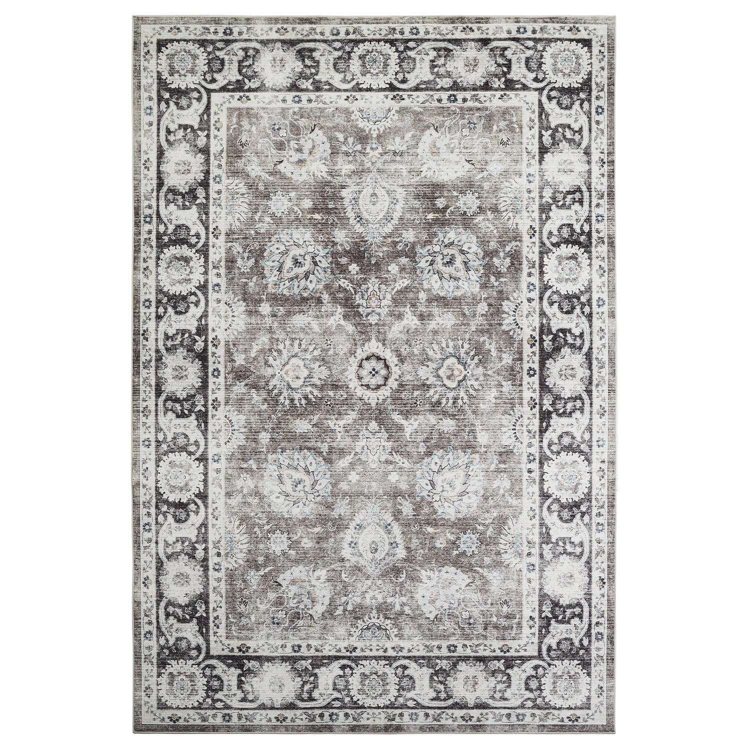 Charcoal & Brown Distressed Persian Floral Washable Rug - Traditional Border Carpet