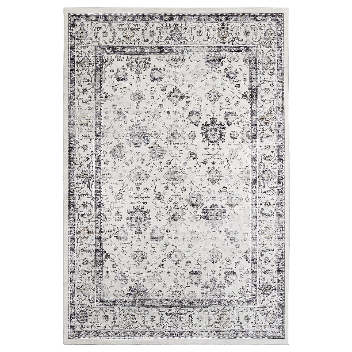 Grey & Ivory Distressed Persian Floral Washable Rug - Traditional All-Over Border Carpet
