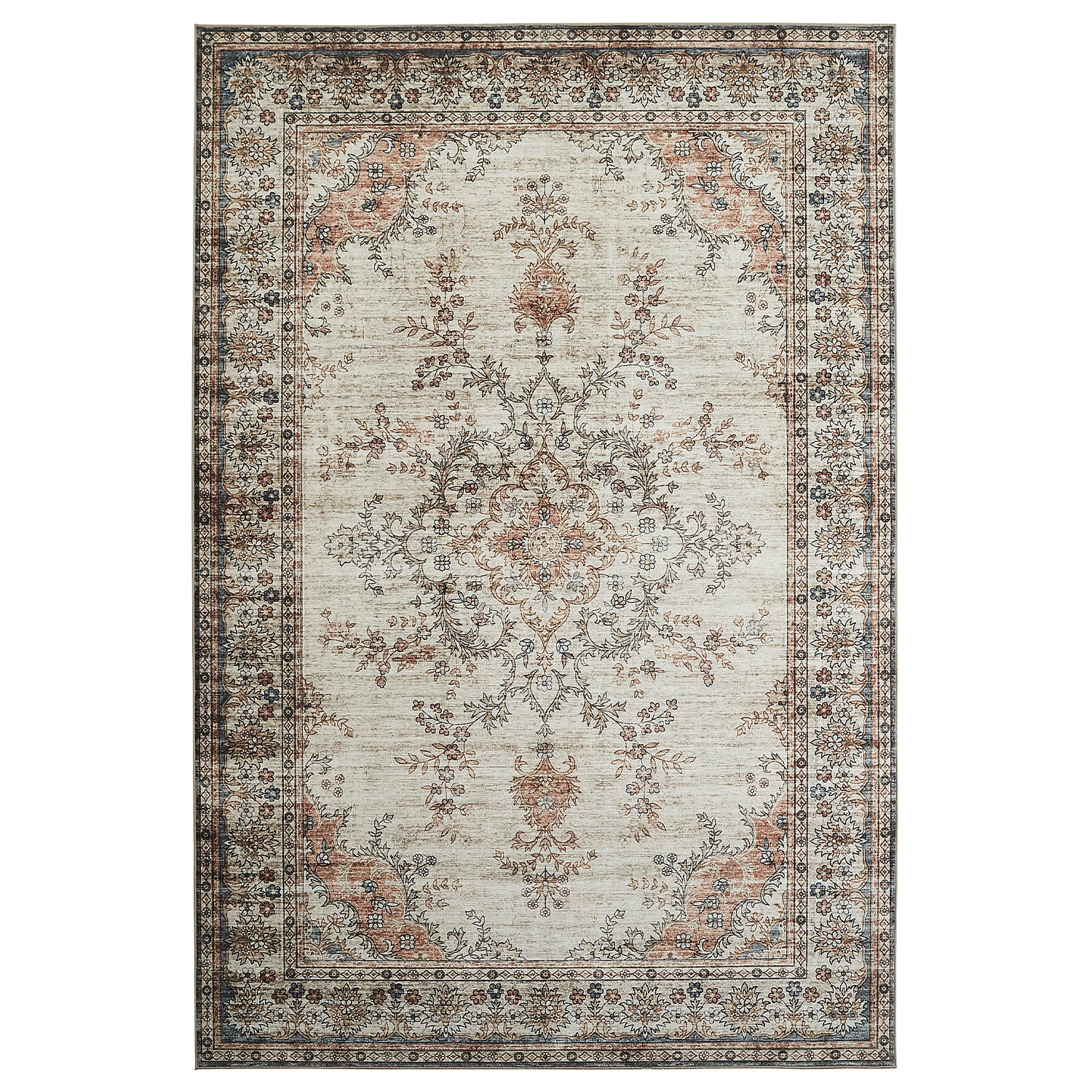 Beige & Terracotta Persian Floral Medallion Washable Rug - Vintage Distressed Carpet