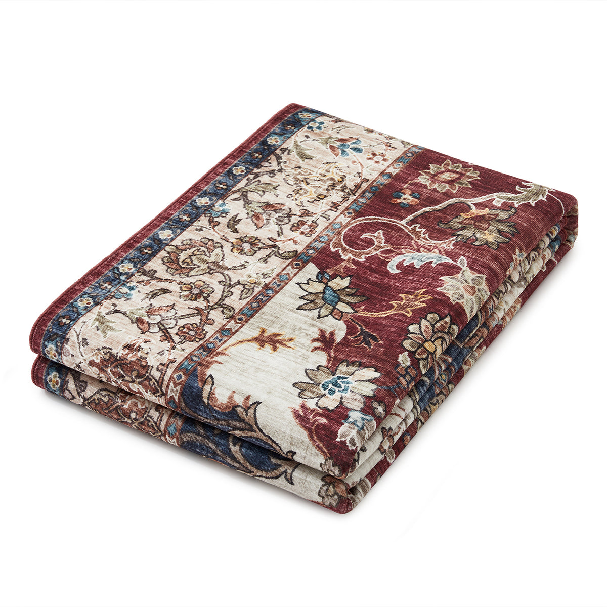 Burgundy & Beige Persian Floral Medallion Washable Rug - Classic Kashan/Tabriz Carpet