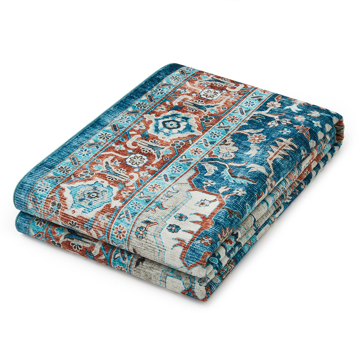 Turquoise & Terracotta Heriz Medallion Washable Carpet Rug - Classic Persian Style