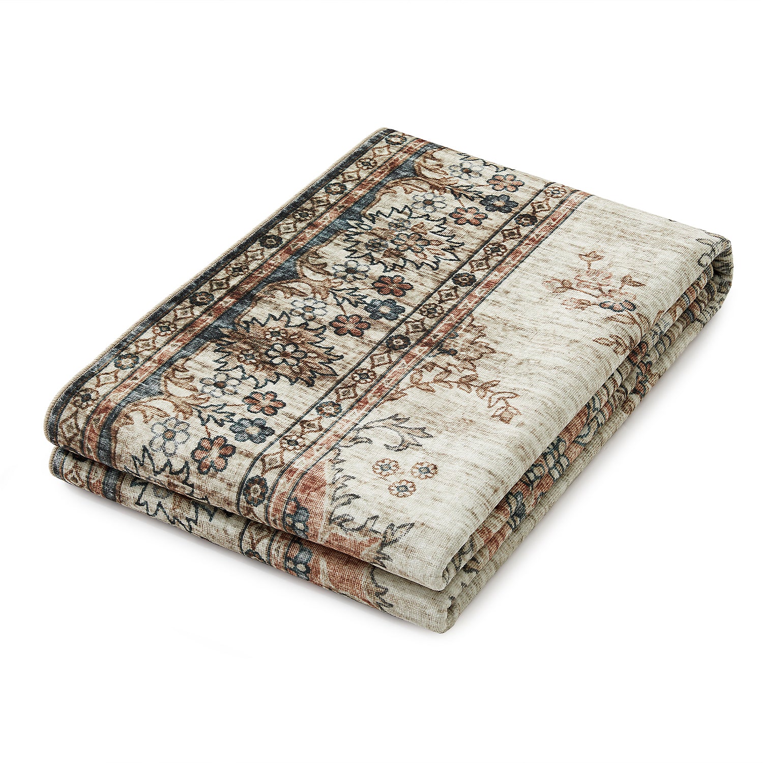 Beige & Terracotta Persian Floral Medallion Washable Rug - Vintage Distressed Carpet