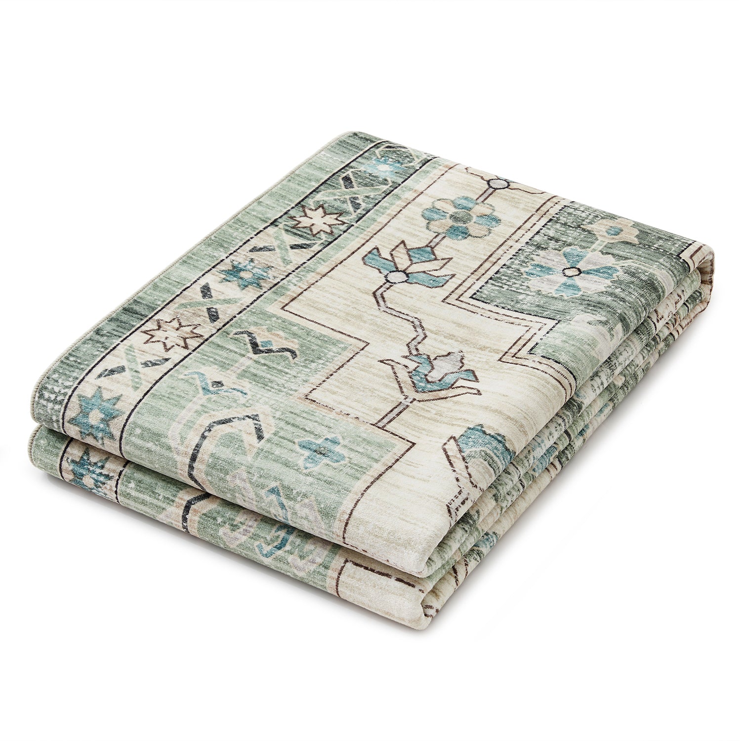 Sage Green Heriz Medallion Washable Rug - Vintage Distressed Persian Geometric Carpet
