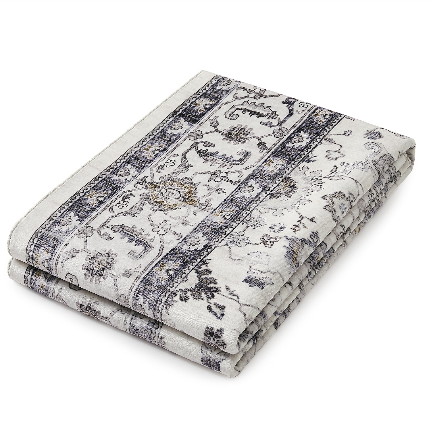 Grey & Ivory Distressed Persian Floral Washable Rug - Traditional All-Over Border Carpet