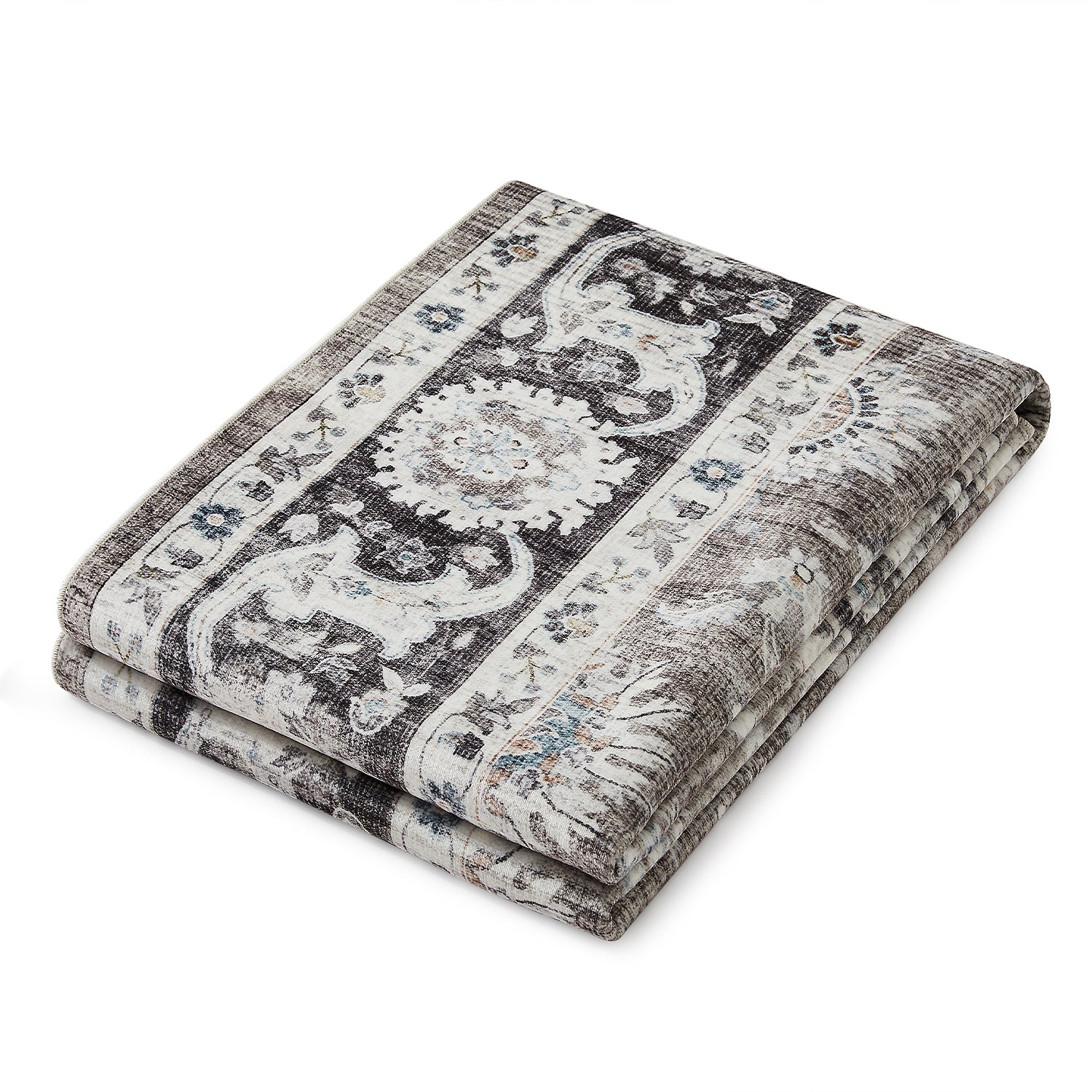Charcoal & Brown Distressed Persian Floral Washable Rug - Traditional Border Carpet