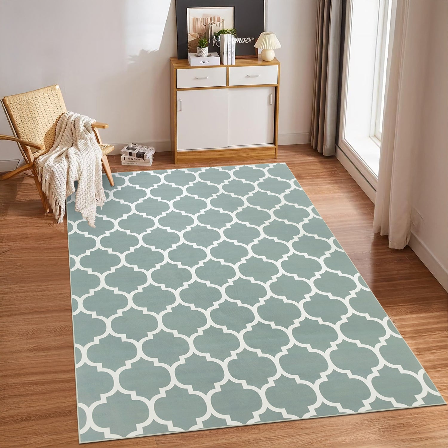 Dusty Blue & White Moroccan Trellis Rug - Soft Modern Living Room & Bedroom Carpet