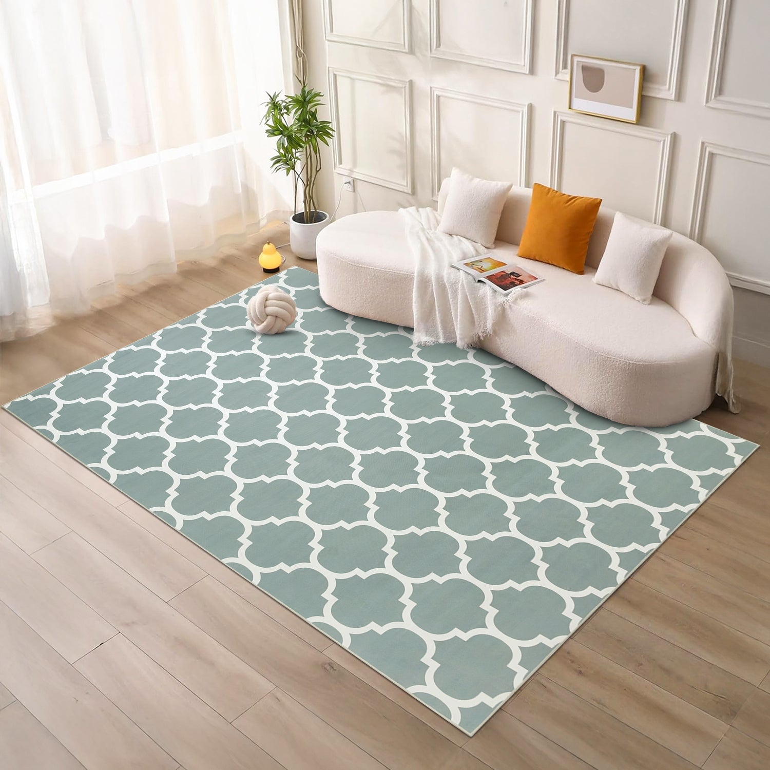 Dusty Blue & White Moroccan Trellis Rug - Soft Modern Living Room & Bedroom Carpet
