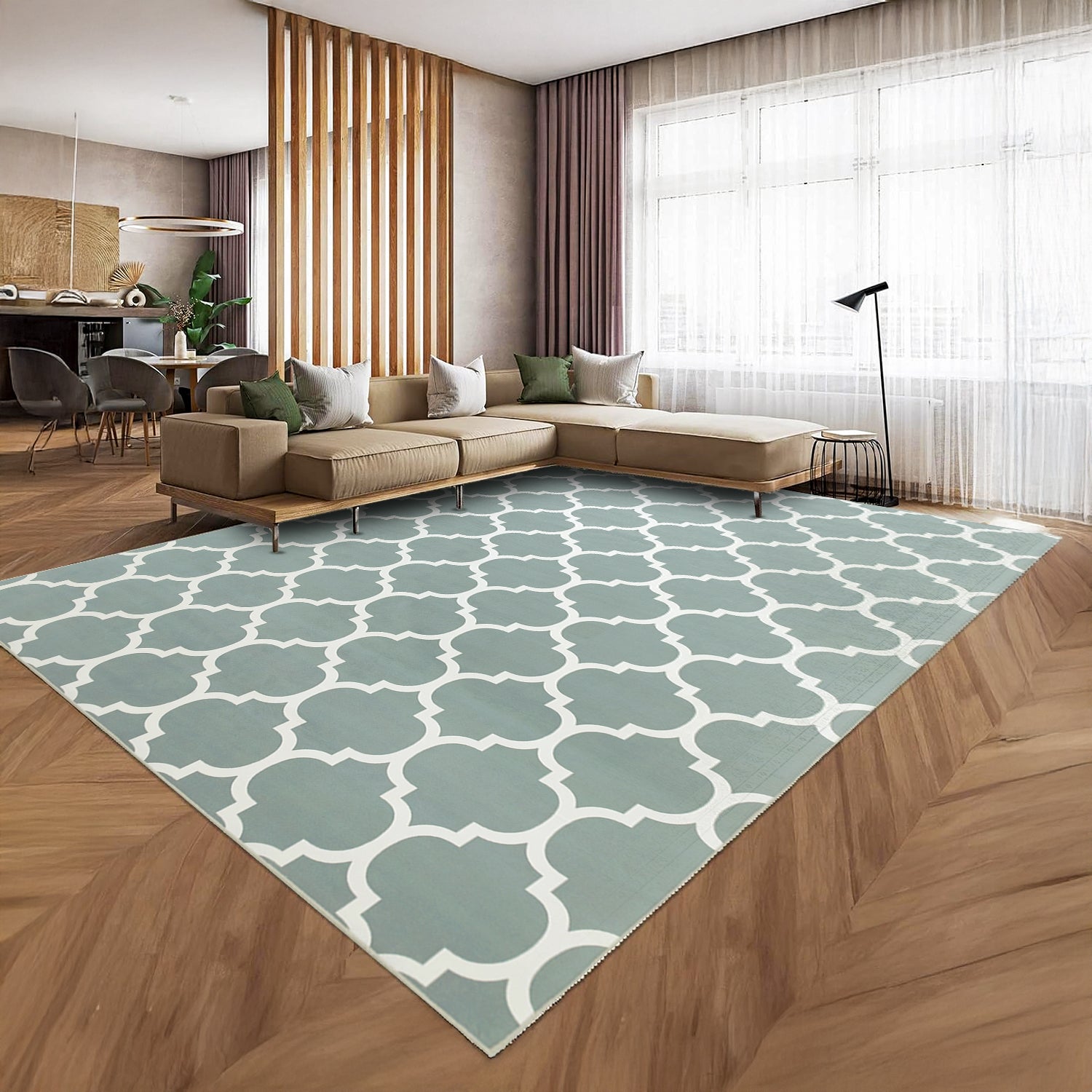 Dusty Blue & White Moroccan Trellis Rug - Soft Modern Living Room & Bedroom Carpet